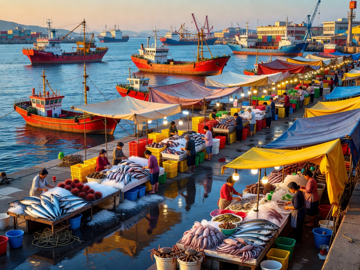 Busan seafood market with harbour colours